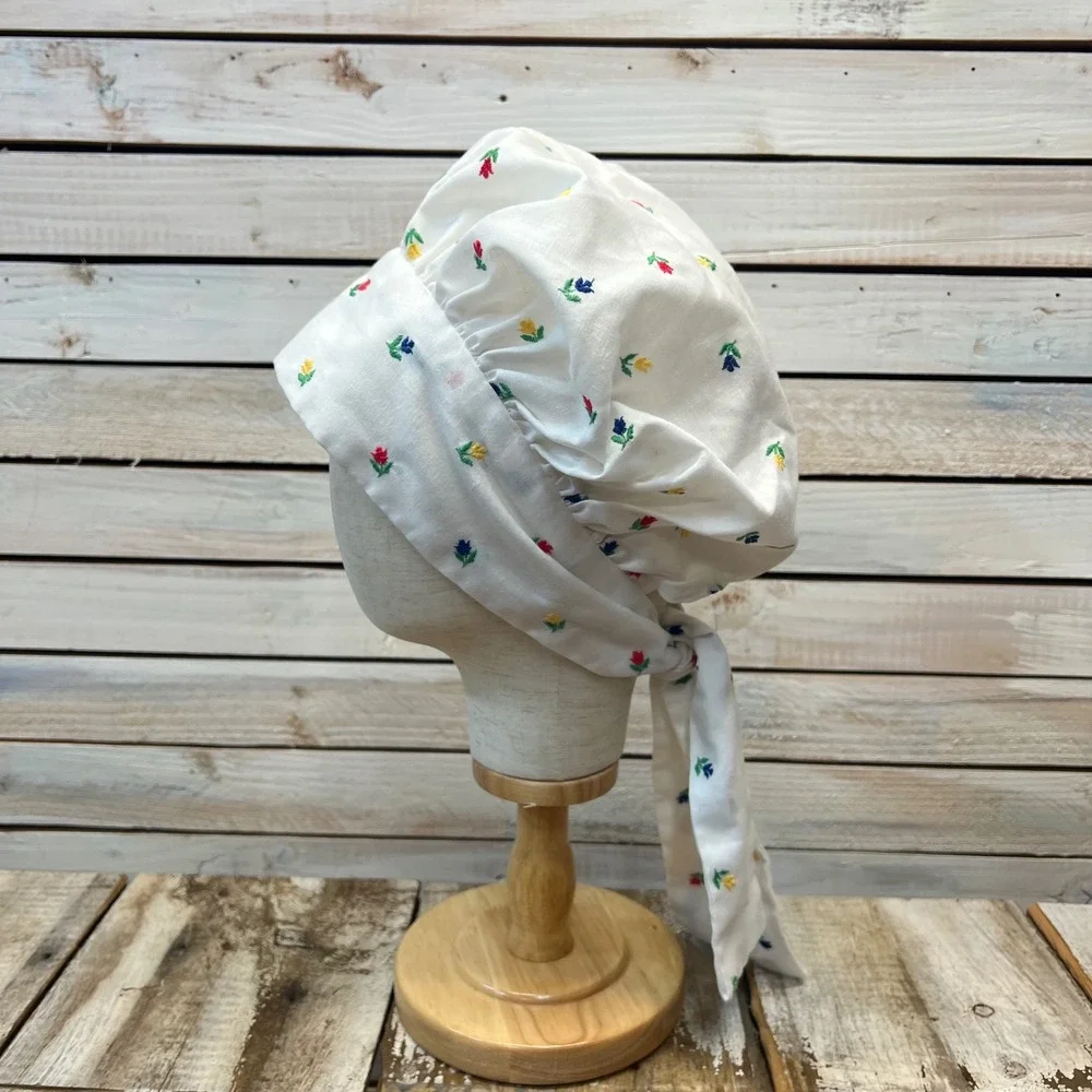 Vintage‎ White cotton Floral Embroidered Bonnet Prairie Pioneer Sun Hat OS